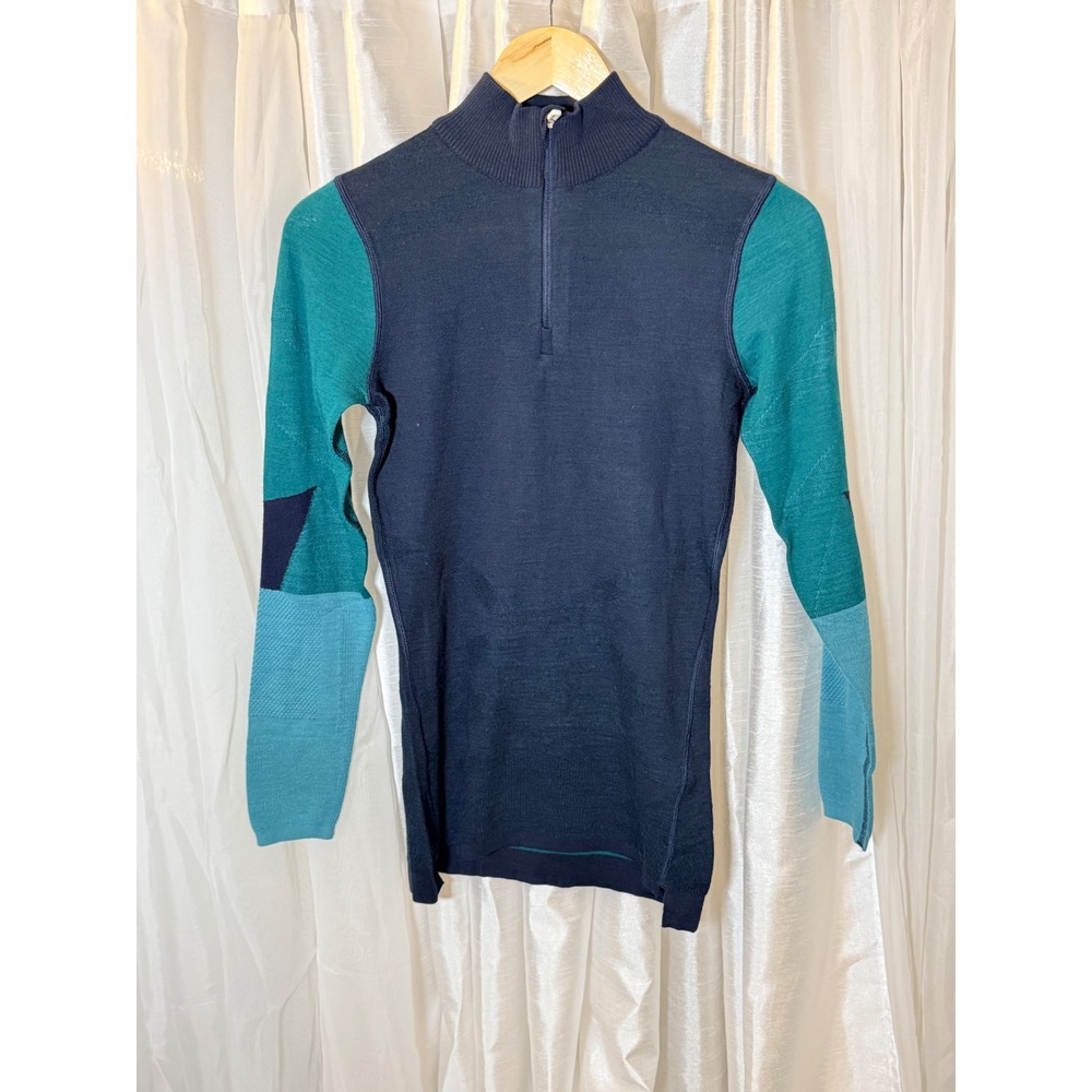 Smartwool Intraknit 200 Quarter Zip Women Small Navy Teal Colorblock Base Layer